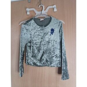 Lemon Tart Women's Grey Velvet Button Up Crop Top And Blue Flower - Size Medium